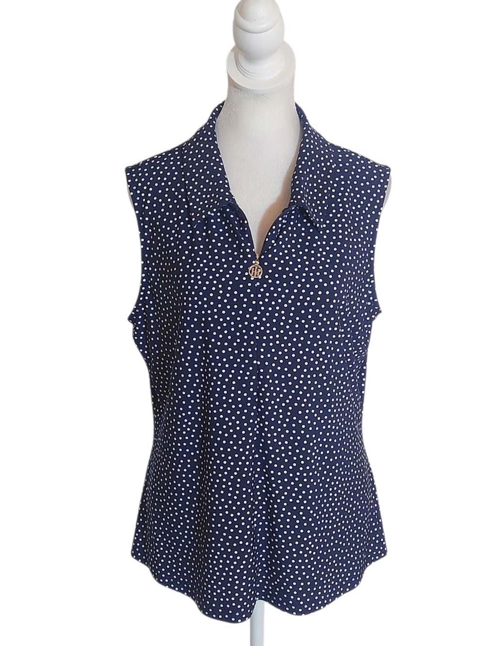 Tommy Hilfiger Navy and White Polka Dot Sleeveless Quarter Zip Blouse Size Large